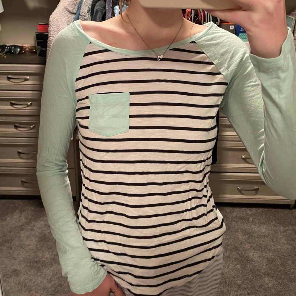Mint Green Striped Long Sleeve Tee